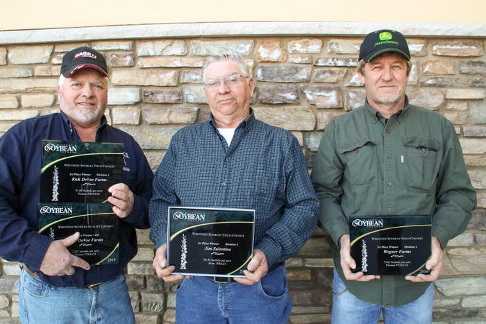 Pictured are the 2019 Wisconsin soybean yield contest winners, Rick DeVoe, Monroe, Division 4; Jim Salentine, Luxemburg, Division 3; Mike Wegner, Sparta, Division 3  