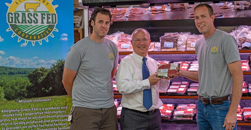 Peter Zimmer, Matthew Lerch and AJ O’Neill at the official first sale of Allegheny Grass Fed beef at O’Neill’s Quality 