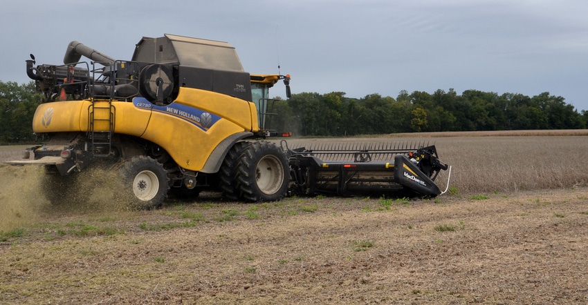 A grower in Indiana harvests high-oleic soybeans