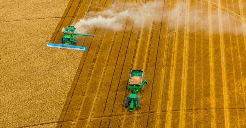 Aerial view of combines working during the wheat harvest