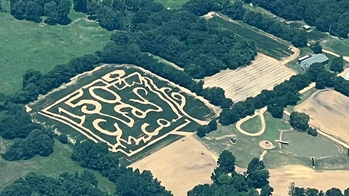 Aerial view of corn maze in the shape of Arkansas