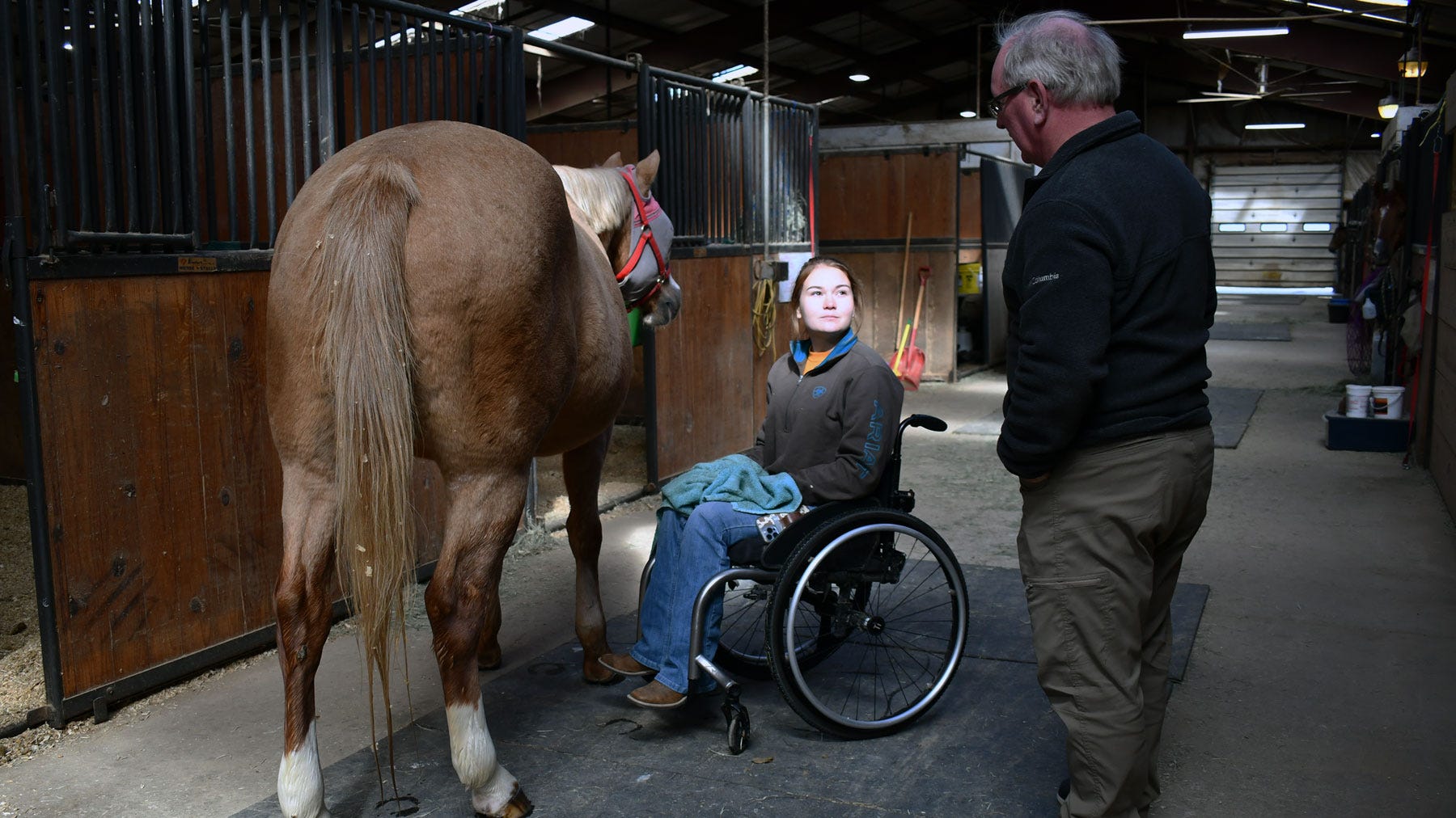 College professor speaking with female student who is sitting in a wheel chair while caring for a horse in a stable.