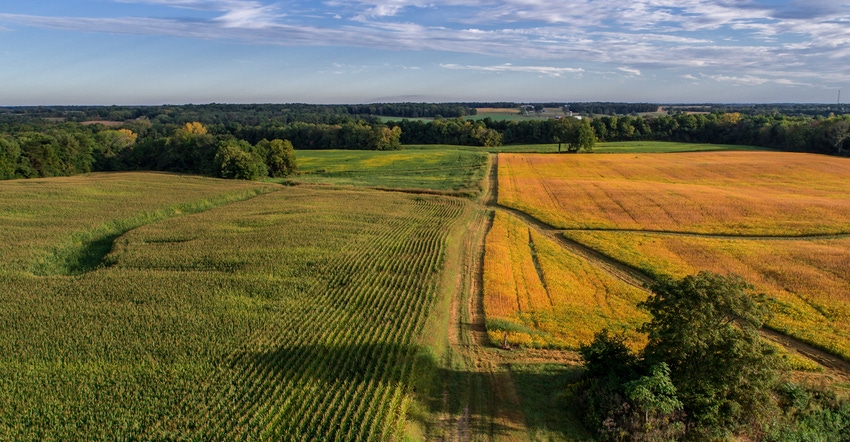 An aerial drone photo showing the paths in the fields.