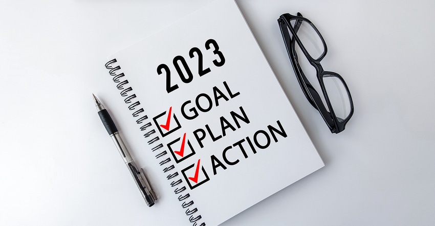 2023 Goal, Plan, Action checklist text on note pad with laptop, glasses and pen. 2023 Goal, Plan, Action checklist text on note pad with laptop, glasses and pen.