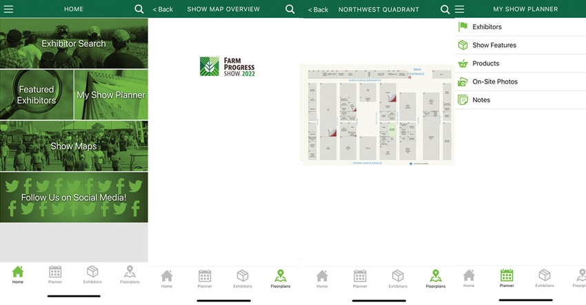The 2022 Farm Progress Show app showing different screenshots of the app