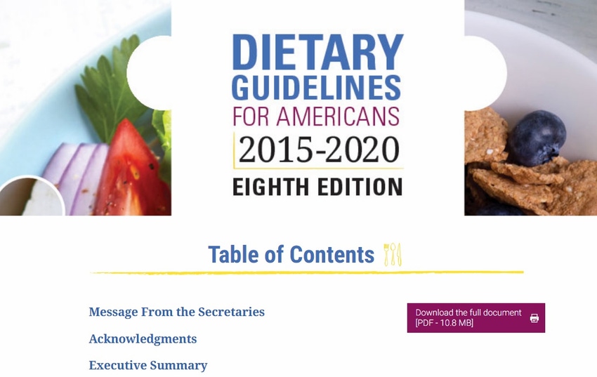 Screenshot of USDA dietary guidelines homepage