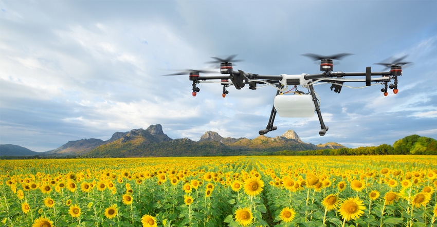 drone flying above field of flowers