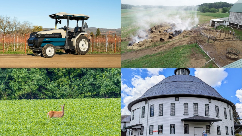  A photo collage of four photos: a tractor, hay with smoke, a deer in a field and a round barn