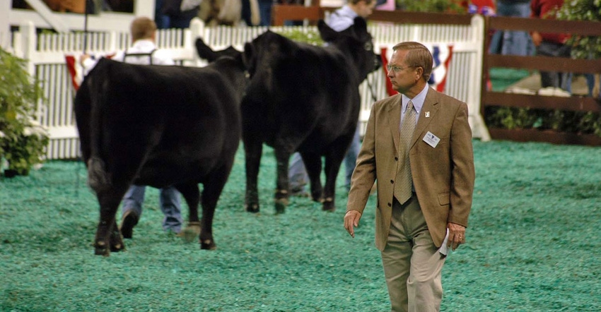 Doug Parrett judging a junior Angus cattle show