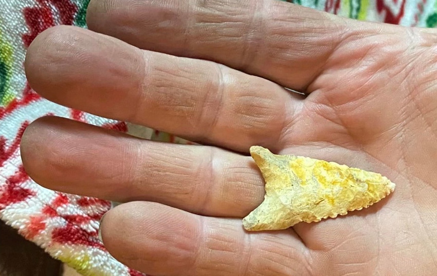 farmer's hand holding arrowhead farmer's hand holding arrowhead