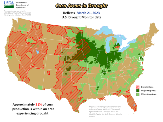 USDA map of corn areas in drought as of March 21, 2023