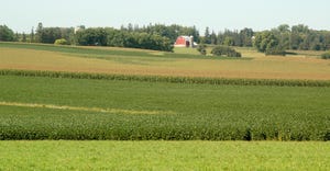 crop field with farmstead in distance