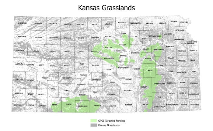 Targeted areas for funding from Great Plains Grassland Initiative within Kansas