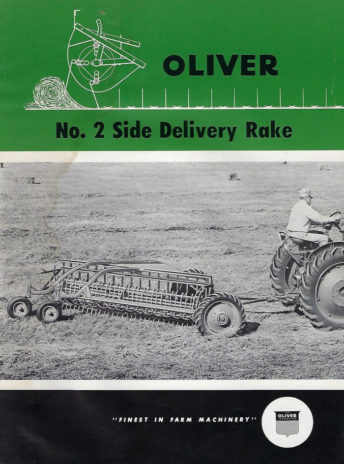 side-delivery hay rake from Oliver pictured in old brochure