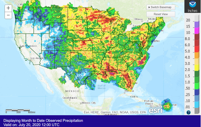 Month to date observed precipitation in USA