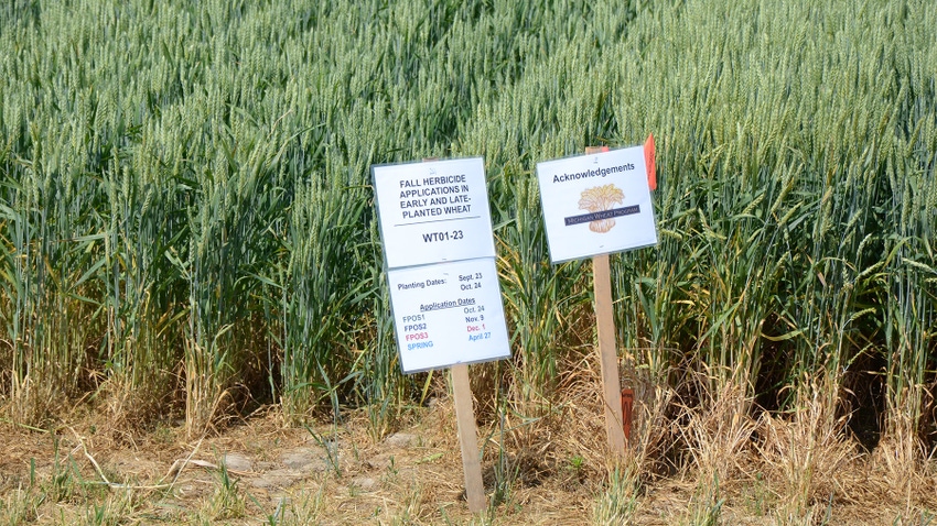 Wheat field with an herbicide application sign
