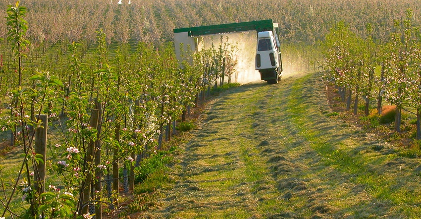 A recirculating sprayer at work in an orchard