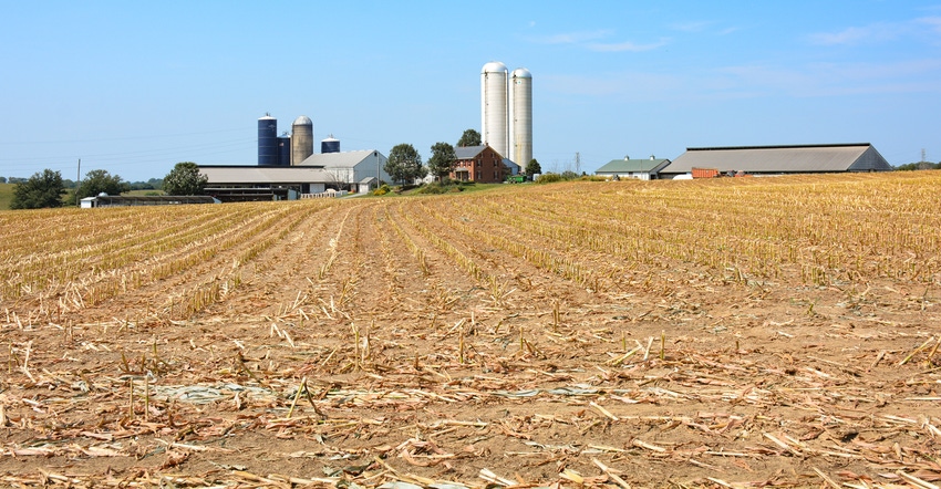 Landscape view of a recently harvested corn field