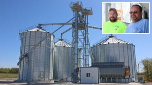 Dan and Chris Taylor (inset) and their new grain system on their farm south of Palmyra, Mo.