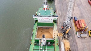 Large cargo ship being loaded with grain