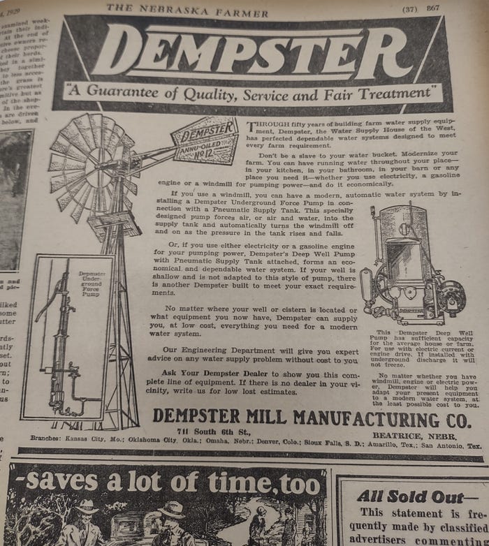 Farm Progress - ad for a deep well pump, manufactured by Dempster, ran on page 37 in the May 4, 1929 issue of Nebraska Farmer
