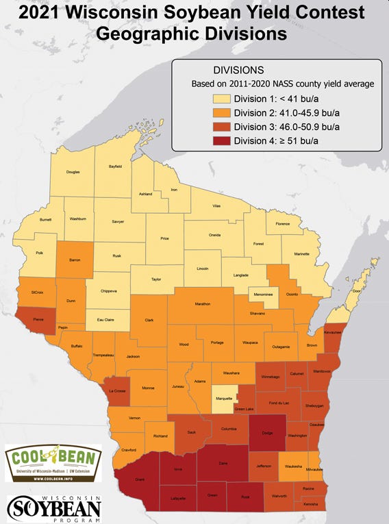 map showing 2021 Wisconsin Soybean Yield Contest divisions