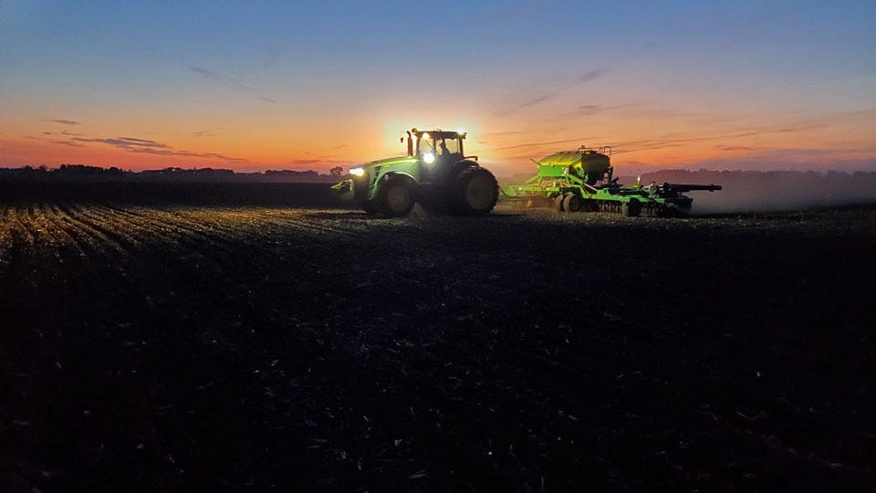 Pat O’Conner - Planting equipment at dusk on O’Connor Family Farms in Blooming Prarie, Minn