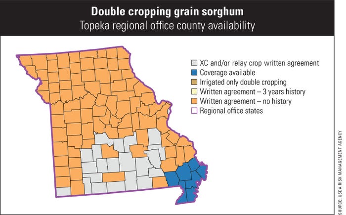 Missouri map of double cropping grain sorghum
