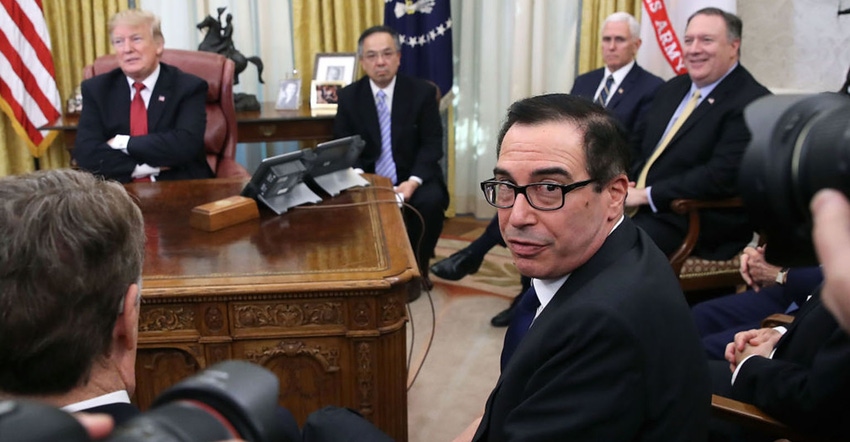 Secretary of the Treasury Steven Mnuchin listens to a question as U.S. President Donald Trump meets with Chinese Vice Premier