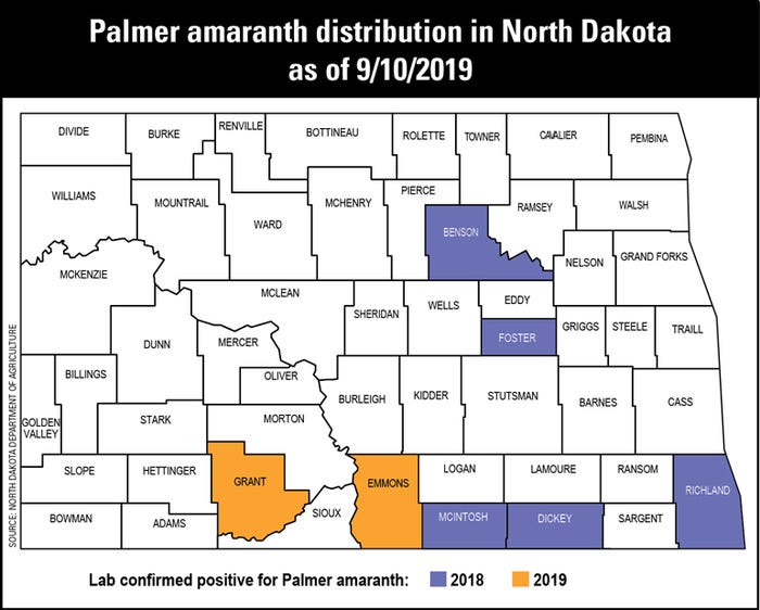  ND counties with Palmer amaranth confirmed