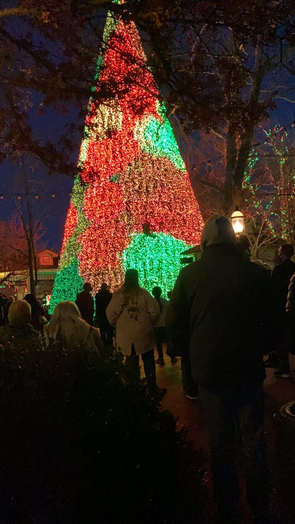 an illuminated Christmas tree at Silver Dollar City