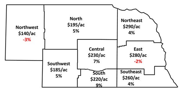 Nebraska center pivot irrigated cropland rental rates preliminary estimates map