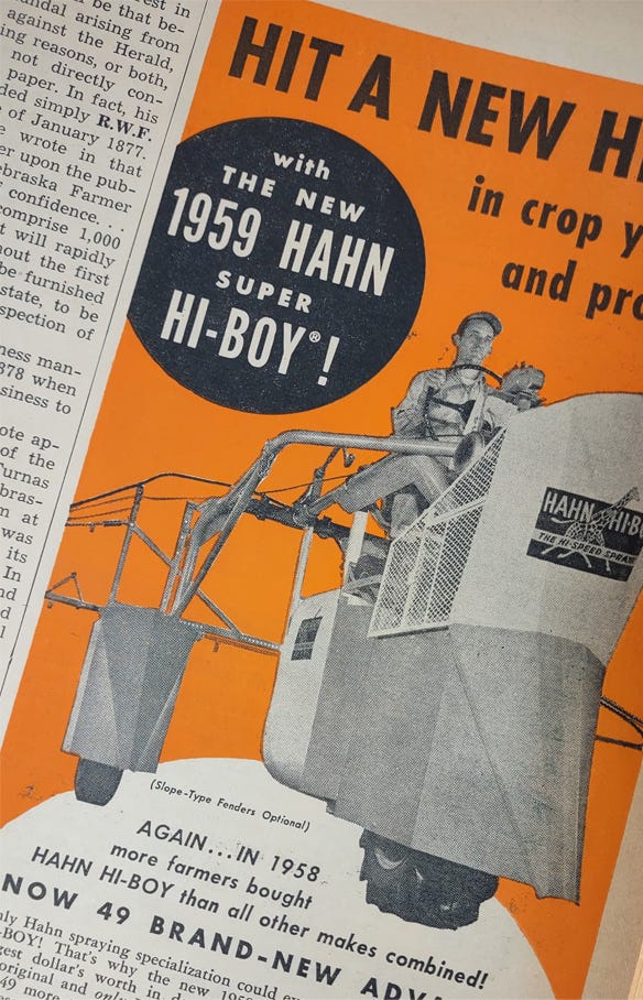 Jan. 17, 1959 ad in Nebraska Farmer of a new model of Super Hi-Boy self-propelled sprayers