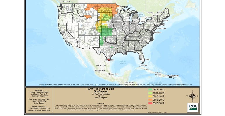 US map by county insurance cutoff for planting sunflowers