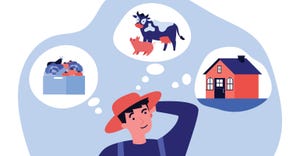 illustration of farmer thinking of food, animals and home