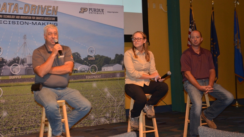Ty Brown (left), Rachel Stevens and Adam Beck speak on panel at Purdue