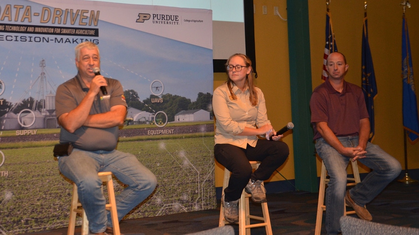 Ty Brown (left), Rachel Stevens and Adam Beck speak on panel at Purdue Ty Brown (left), Rachel Stevens and Adam Beck speak on panel at Purdue