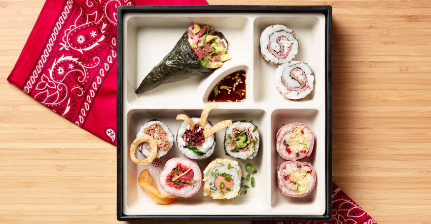 Photo of four new beefshi recipes: muffarolletta, beefy call roll, beefyweckymaki and double BLT mega roll.
