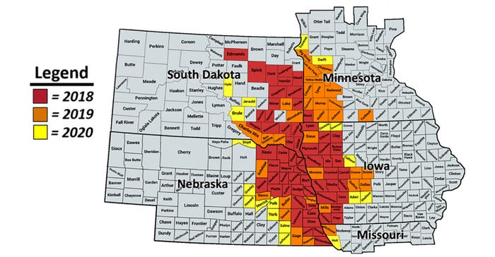 Figure 1. Locations in Nebraska, Iowa, Minnesota, South Dakota, and Missouri where soybean gall midge has been identified. 