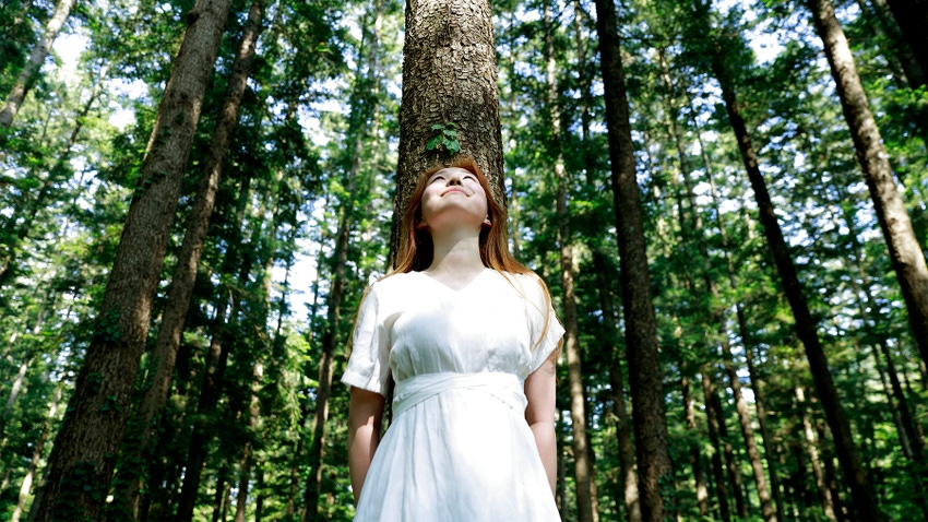 A young woman in a white dress leaning against a tree in a forest