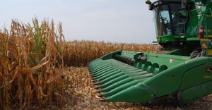 closeup of front of combine in cornfield