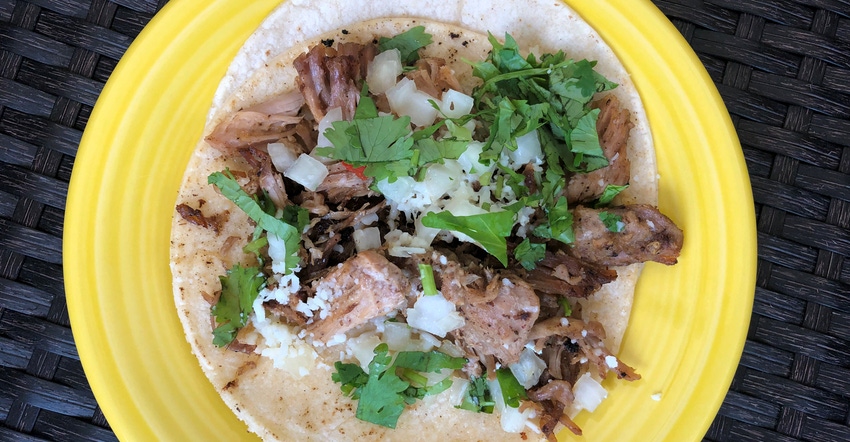 Barbecue pork tacos sprinkled with onion and cilantro on yellow plate