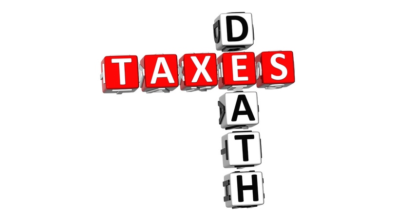 graphic of  crossword dice spelling out death and taxes