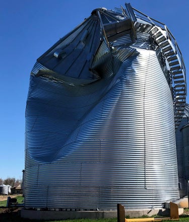 This grain bin near Arlington, S.D., was no match for the high winds on May 12.