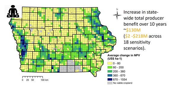 An ISU study looked at where the net present value (NPF) would be greatest for producing switchgrass over a 10-year period in Iowa