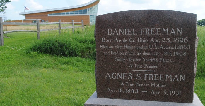 The graves of America’s first homesteader, Ohio native, Daniel Freeman, and his wife Agnes, are located within full view of