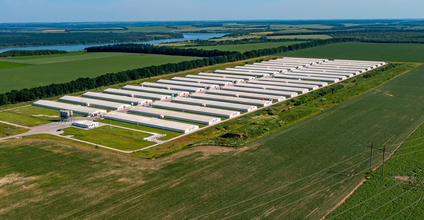 Aerial view of modern poultry facility in rural area