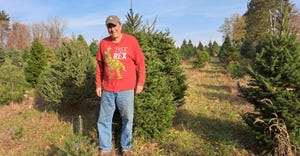Rex Miller, owner of Miller Tree Farm near Rio, wears his “Tree-Rex”  standing in front of christmas trees
