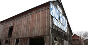 Ron Paul for President sign on side of barn