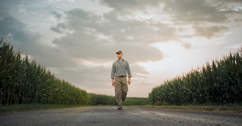 Farmer walking on road through crops